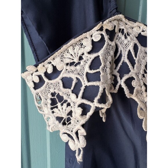 VTG'80 ILGWU Prom Formal Navy Blue Satin Lace Dress /Puffs Sleeves /Bows Size 40 - Picture 4 of 16